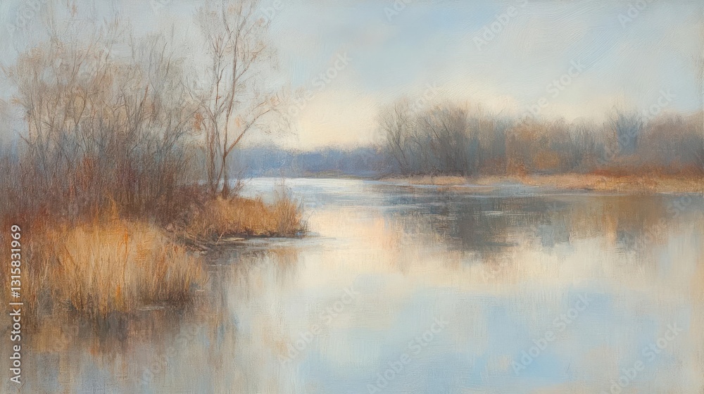 Tranquil river landscape reflecting soft hues of dawn with bare trees and gentle grasses Tranquil river landscape reflecting soft hues of dawn with bare trees and gentle grasses