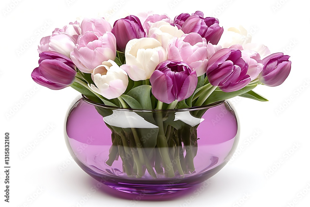 Fototapeta premium Purple vase tulips bouquet white background