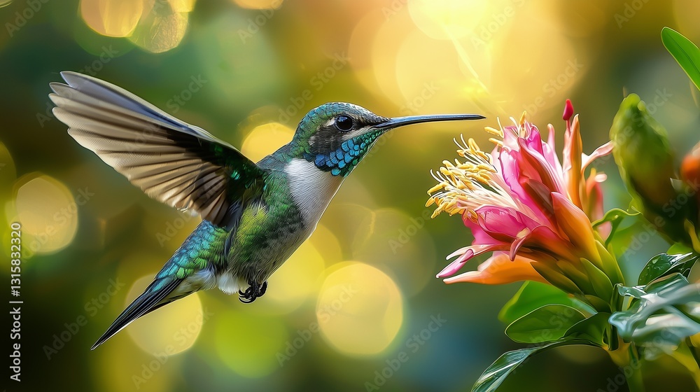 Naklejka premium Hummingbird in Flight Near a Colorful Blossom in a Sunlit Garden