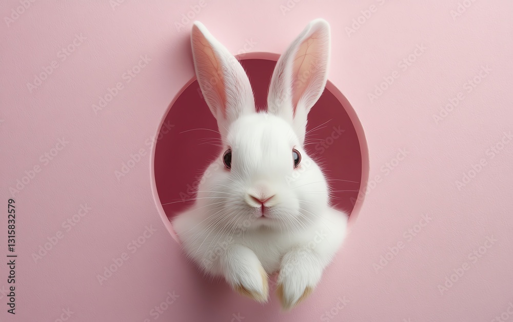 White Easter bunny peeking out from a round hole in a soft pink background, with a playful and adorable expression, pastel colors, Easter theme, cheerful spring atmosphere White Easter bunny peeking out from a round hole in a soft pink background, with a playful and adorable expression, pastel colors, Easter theme, cheerful spring atmosphere