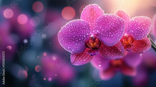A close-up of a delicate orchid in a greenhouse, rich purples and soft pastel tones, highly detailed