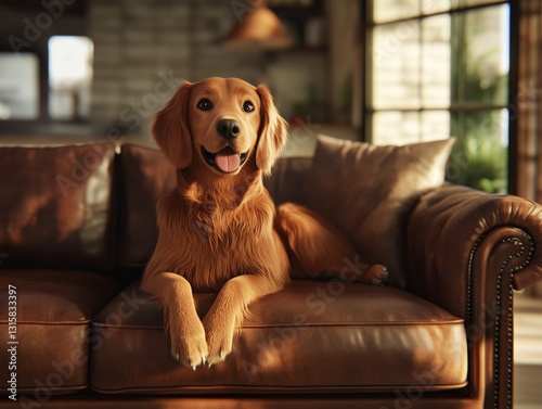 A cheerful golden dog relaxes on a leather sofa in a sunlit living room, exuding warmth and comfort with a friendly expression.