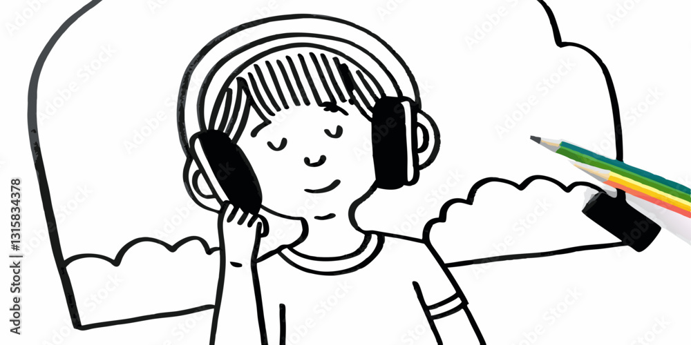 Simple hand drawn doodle style illustration of child enjoying music on headphones.Perfect for blogs about music, mindfulness and creativity. Simple hand drawn doodle style illustration of child enjoying music on headphones.Perfect for blogs about music, mindfulness and creativity.