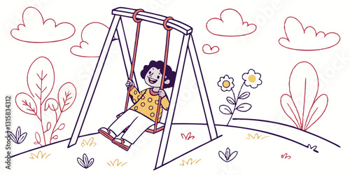 A cheerful child swings under a rainbow, enjoying the moment. Suitable for happiness, positivity, childhood joy, and carefree living content.