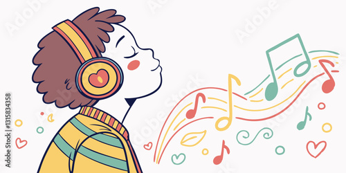 A child wearing headphones, lost in the music with colorful notes surrounding them. Great for music blogs, relaxation, and inspiration topics.