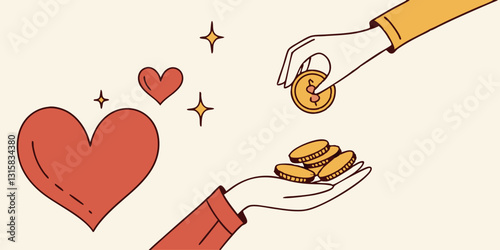  "Donate" graphic with hands, heart, & coins. Use for charity websites, fundraising campaigns, non-profit blogs, social causes, donation drives.