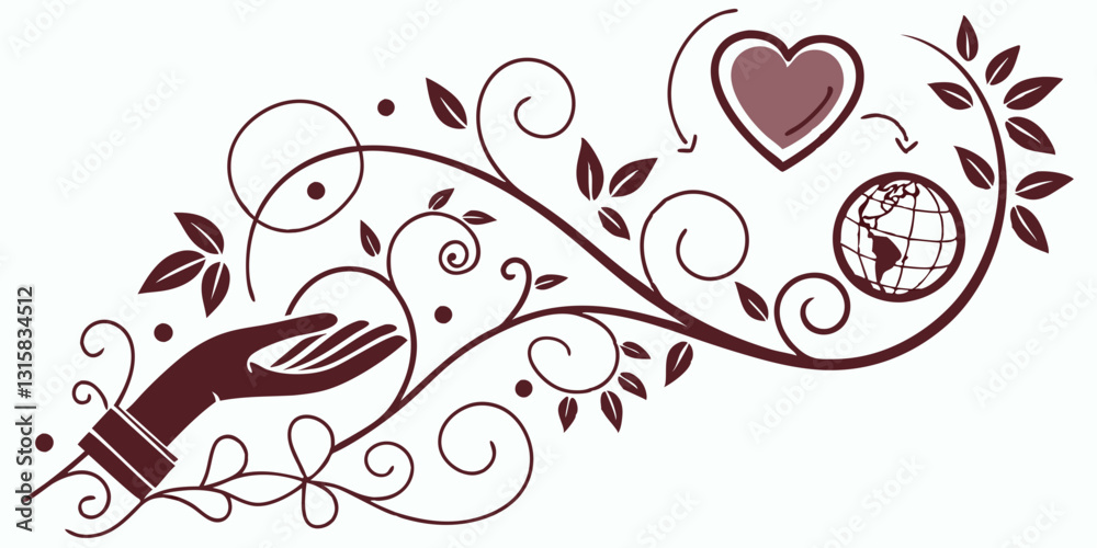 Hand holds heart,floral swirls. Use for charity websites, environmental themes, global awareness, community outreach, volunteer programmes. Hand holds heart,floral swirls. Use for charity websites, environmental themes, global awareness, community outreach, volunteer programmes.