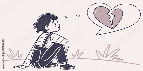 A sad child next to a broken heart symbol. Ideal for blogs on heartbreak, childhood emotions, family relationships, and psychological well-being.