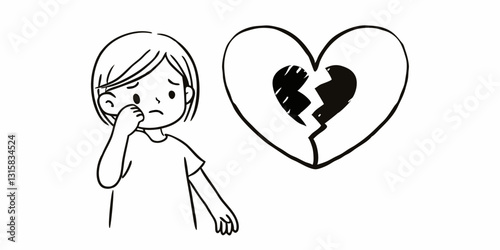 A sad child next to a broken heart symbol. Ideal for blogs on heartbreak, childhood emotions, family relationships, and psychological well-being.