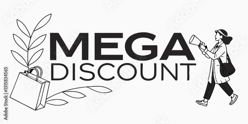 Mega, discount, sale, woman, megaphone, announcement, promotion, advertising, marketing, banner. Woman with megaphone announces a "Mega Discount" sale, ideal for promotional banners.