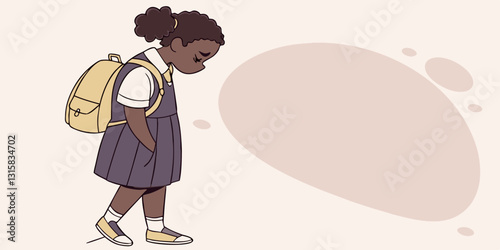  A young girl with a backpack looks down, seemingly sad. Great for topics on bullying, school stress, mental health, and self-esteem.