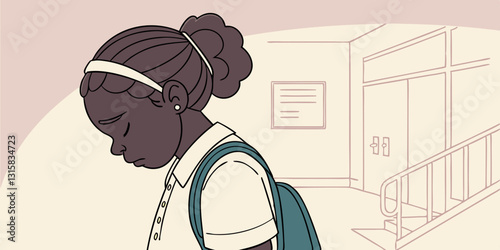  A young girl with a backpack looks down, seemingly sad. Great for topics on bullying, school stress, mental health, and self-esteem.