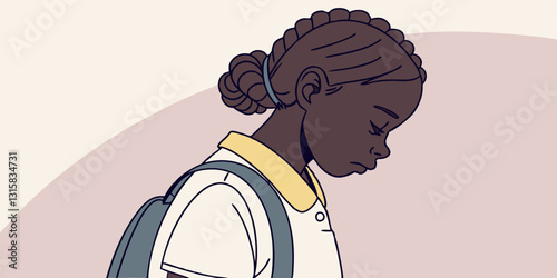  A young girl with a backpack looks down, seemingly sad. Great for topics on bullying, school stress, mental health, and self-esteem.