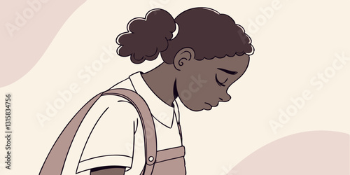 A young girl with a backpack looks down, seemingly sad. Great for topics on bullying, school stress, mental health, and self-esteem.