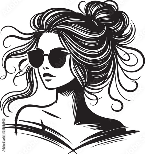 girl with glasses, woman head with sunglass silhouette vector, woman vector illustration, woman head logo vector, woman silhouette vector black and white