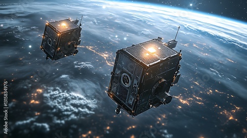 Two Satellites Orbiting Earth at Night