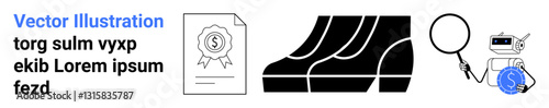 Certificate paper, bar chart, magnifying glass analyzing a dollar coin, and camera emphasize certification, analytics, business growth, finance, research auditing and investment concepts. Ideal