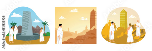 Three illustrations depicting the Hajj pilgrimage at Arafah.