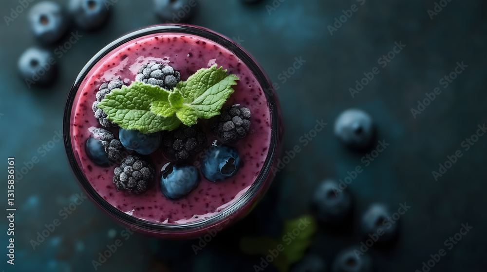 refreshing berry smoothie in glass, garnished with frozen blackberries, blueberries, and sprig of fresh mint, set against dark moody background refreshing berry smoothie in glass, garnished with frozen blackberries, blueberries, and sprig of fresh mint, set against dark moody background