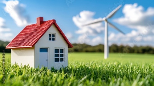 Wallpaper Mural Model House in a Green Field with Wind Turbine and Blue Sky Torontodigital.ca