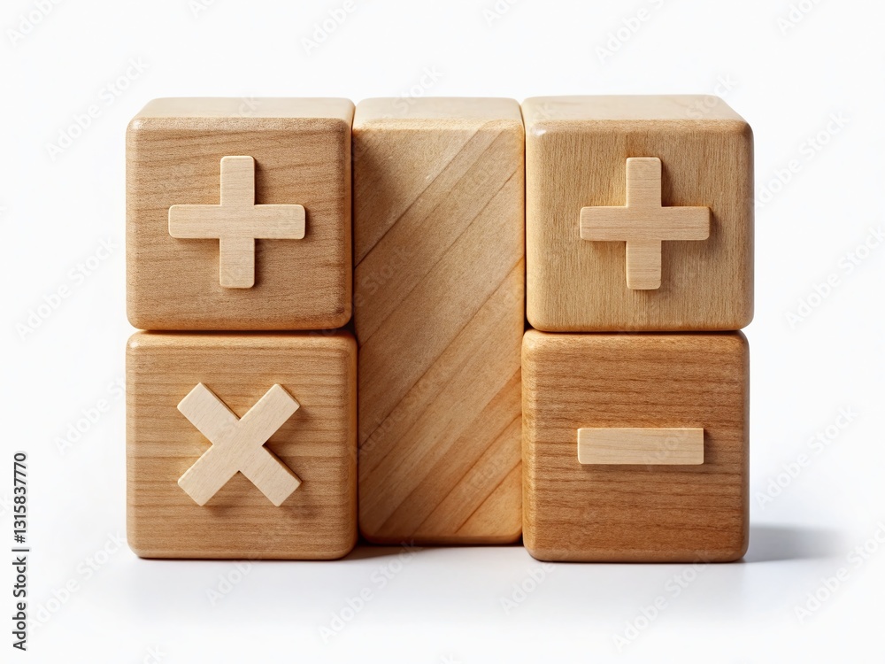 Fototapeta premium Math Education Symbols: Plus, Minus, Multiply, Divide Wooden Cubes on White Background