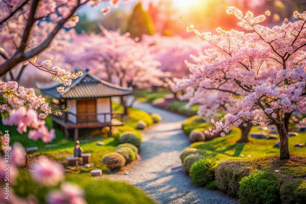 Miniature Japanese Cherry Blossom Garden, Springtime Tilt-Shift Photo Miniature Japanese Cherry Blossom Garden, Springtime Tilt-Shift Photo