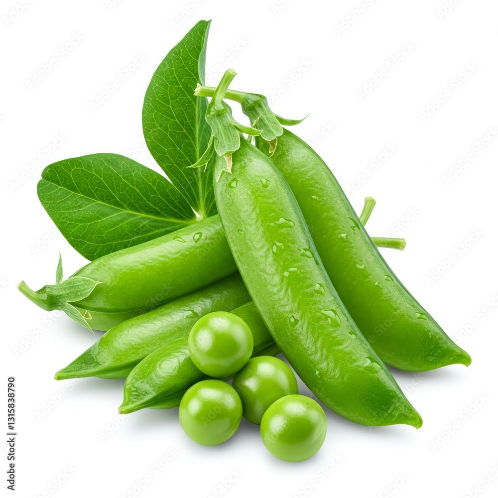 Fresh pea fruit with green leaf isolated on white background Fresh pea fruit with green leaf isolated on white background