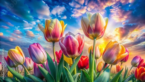 Vibrant Tulip Garden Aerial View: Double Exposure Floral Art