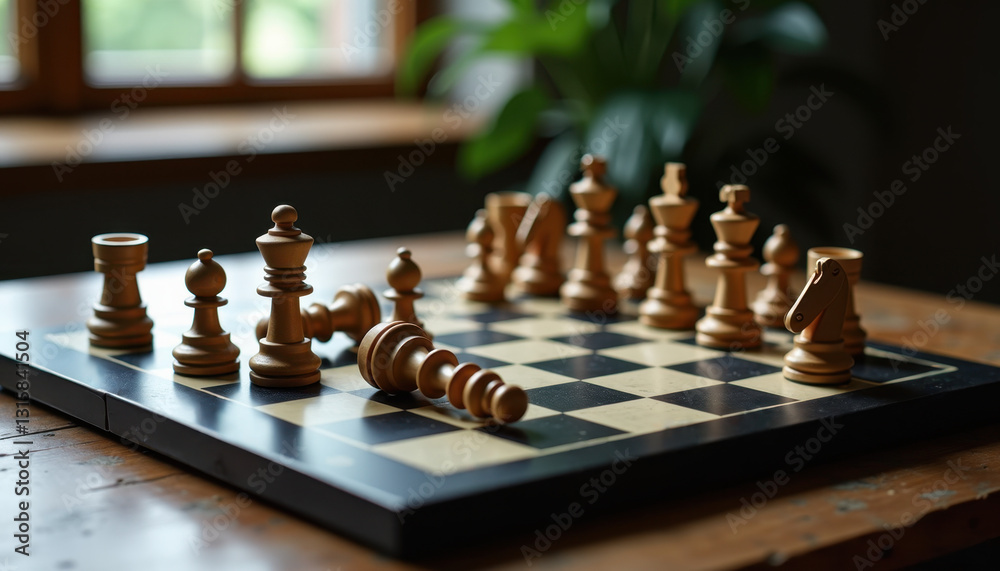 Wooden chess pieces arranged on chessboard for strategy game websites and business presentations Wooden chess pieces arranged on chessboard for strategy game websites and business presentations