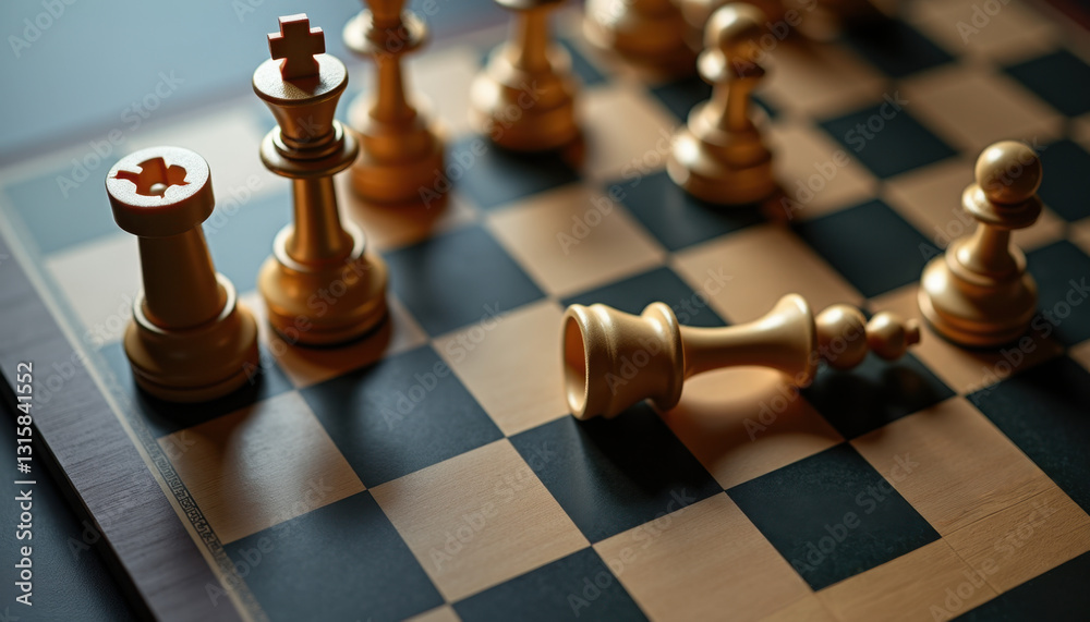 Brown chess pieces arranged on chessboard for strategy game websites and educational materials Brown chess pieces arranged on chessboard for strategy game websites and educational materials