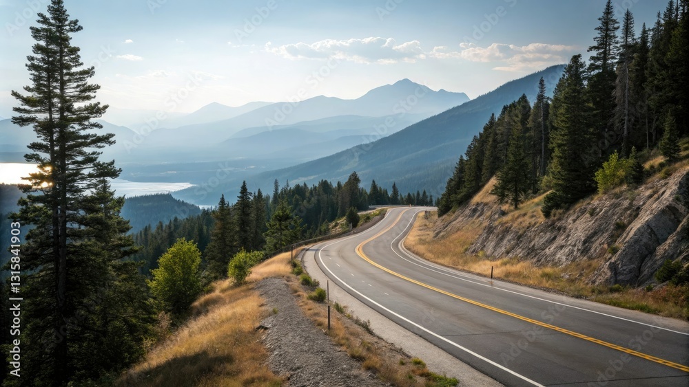 A solitary highway winds its way up a mountain slope, lined with trees and offering breathtaking views of the surrounding landscape, panoramic vistas, isolation A solitary highway winds its way up a mountain slope, lined with trees and offering breathtaking views of the surrounding landscape, panoramic vistas, isolation