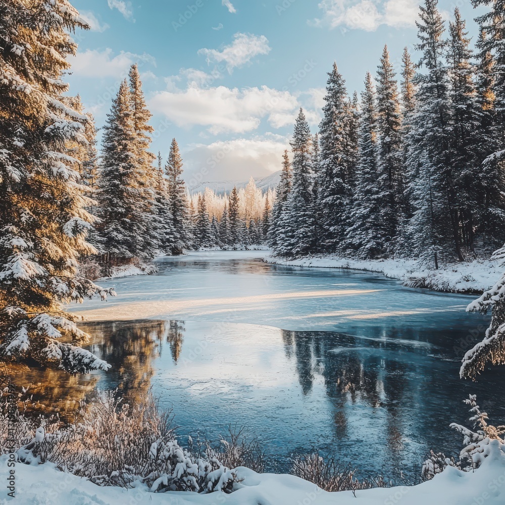 Fototapeta premium A serene winter landscape featuring a frozen lake surrounded by tall evergreen trees under a bright, partly cloudy sky.