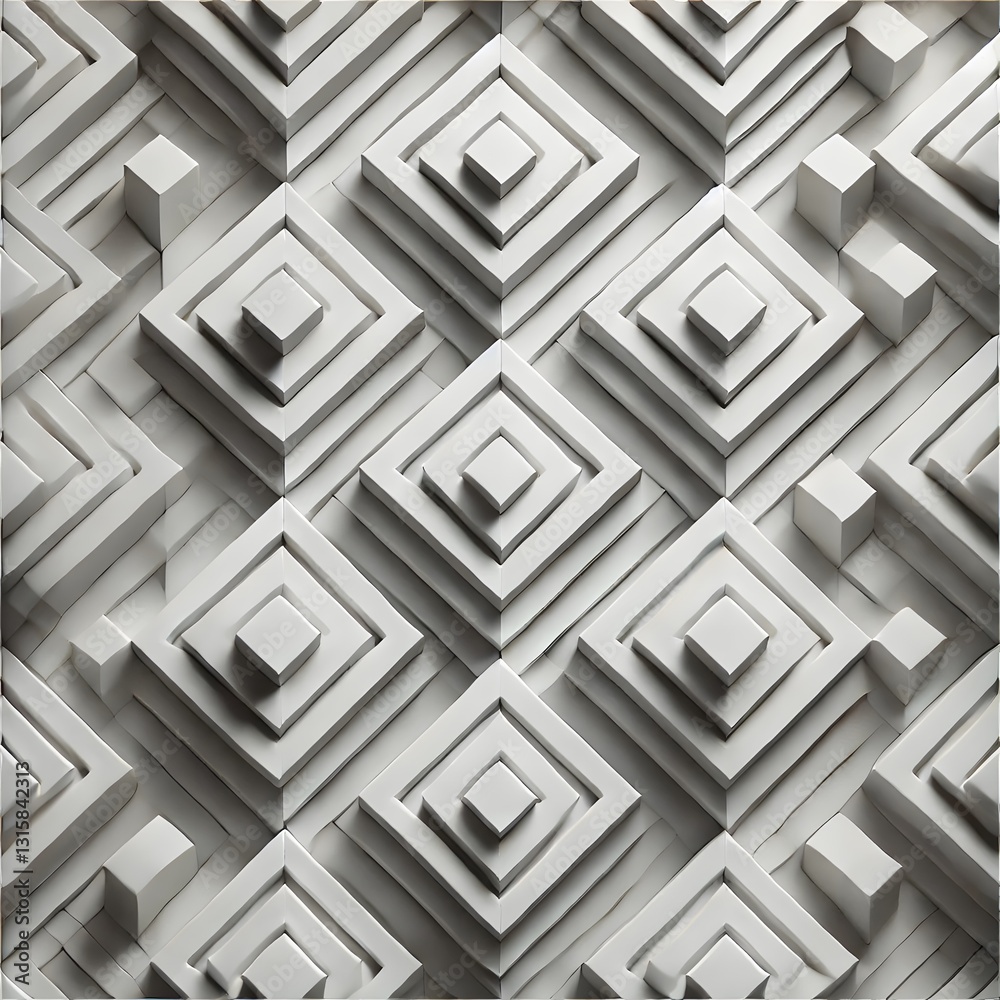 A 3D geometric pattern of layered squares with a symmetrical, modern design. A 3D geometric pattern of layered squares with a symmetrical, modern design.