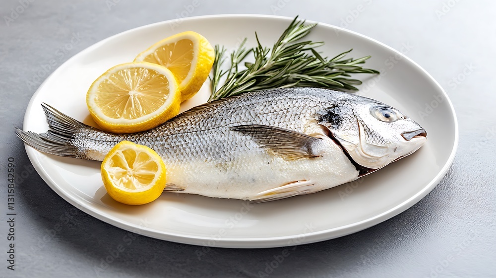 Fresh Sea Bream with Lemon and Rosemary on White Plate Fresh Sea Bream with Lemon and Rosemary on White Plate