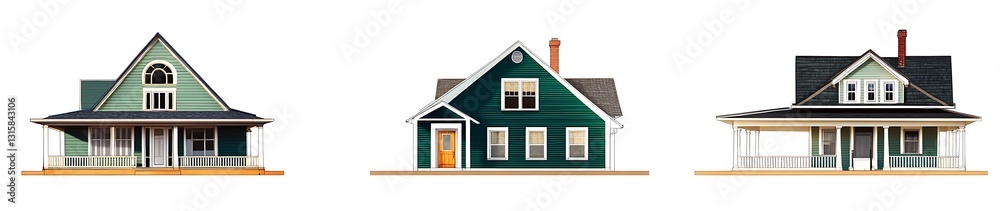 Set of Four Simple Green Houses on White Background Set of Four Simple Green Houses on White Background