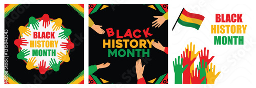 Diverse hand graphics celebrating Black History Month with vibrant colors.
