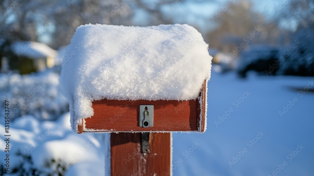 Naklejka premium Snow-covered mailbox in winter wonderland residential area photography outdoor close-up serenity