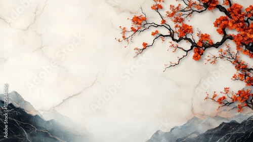 Serene artwork featuring a branch with vibrant orange blossoms against a calming marble and mountain backdrop.  A minimalist masterpiece.
