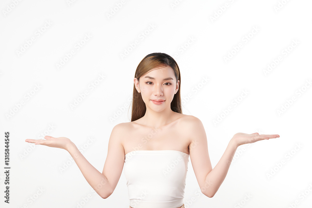 A beautiful young Asian woman with clean, fresh skin against a white background. She represents beauty, skincare, and spa treatments. A beautiful young Asian woman with clean, fresh skin against a white background. She represents beauty, skincare, and spa treatments.