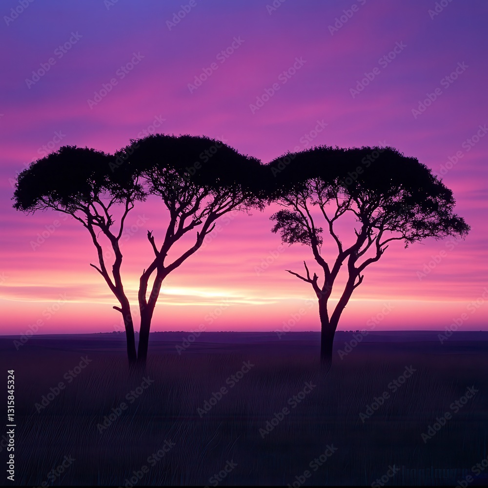 Fototapeta premium Silhouetted trees against a vibrant purple and pink sunset, creating a serene and picturesque landscape.