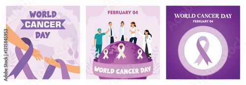 World Cancer Day celebration with purple ribbon featuring healthcare professionals.