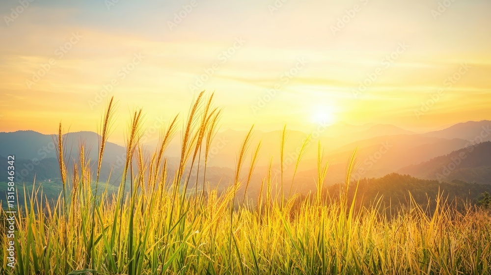 Golden Sunrise Over Lush Meadow with Tall Grass and Wildflowers Illuminated by Warm Morning Light in the Rolling Hillside Landscape Golden Sunrise Over Lush Meadow with Tall Grass and Wildflowers Illuminated by Warm Morning Light in the Rolling Hillside Landscape