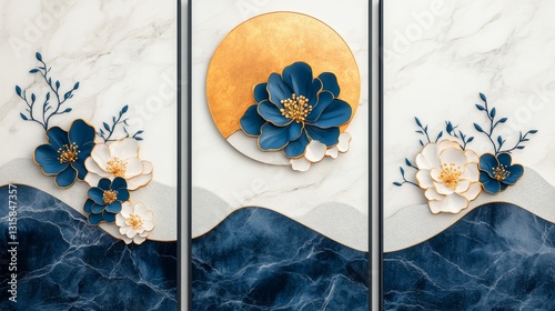 Elegant triptych featuring navy blue and white flowers on a marble background with gold accents. Modern art.