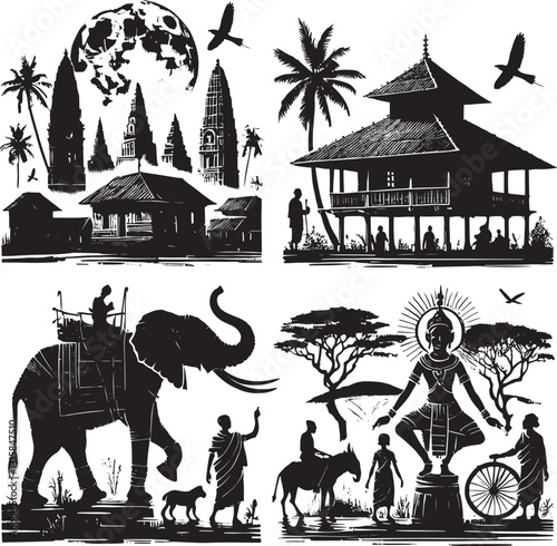 Create a  Landscape Design vector art silhouette with white background.