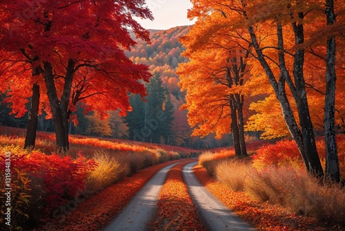 Stunning Autumn Landscape with Vibrant Fiery Foliage and Festive Nature Colors