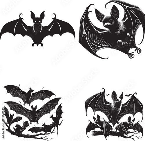 Create a bat vector art silhouette with white background