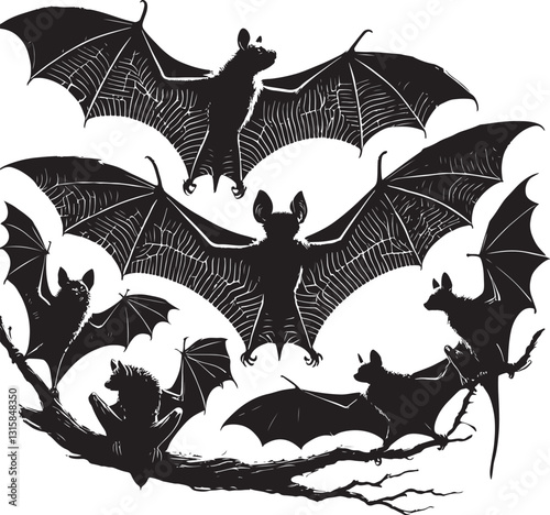 Create a bat vector art silhouette with white background