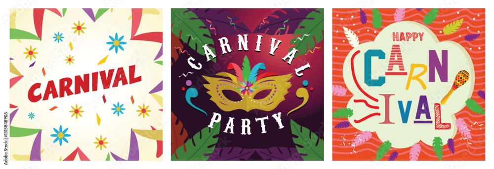 Colorful Carnival party designs featuring festive patterns and masks. Colorful Carnival party designs featuring festive patterns and masks.