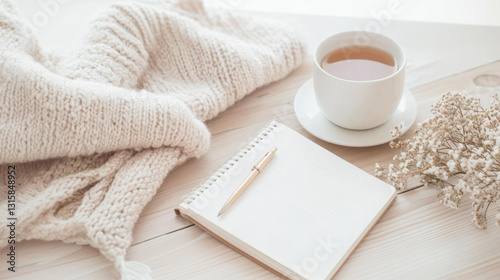 Cozy scene with cup of tea, notebook, pen, and soft blanket