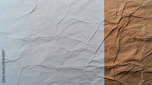 Crumpled paper background, half grey, half brown.